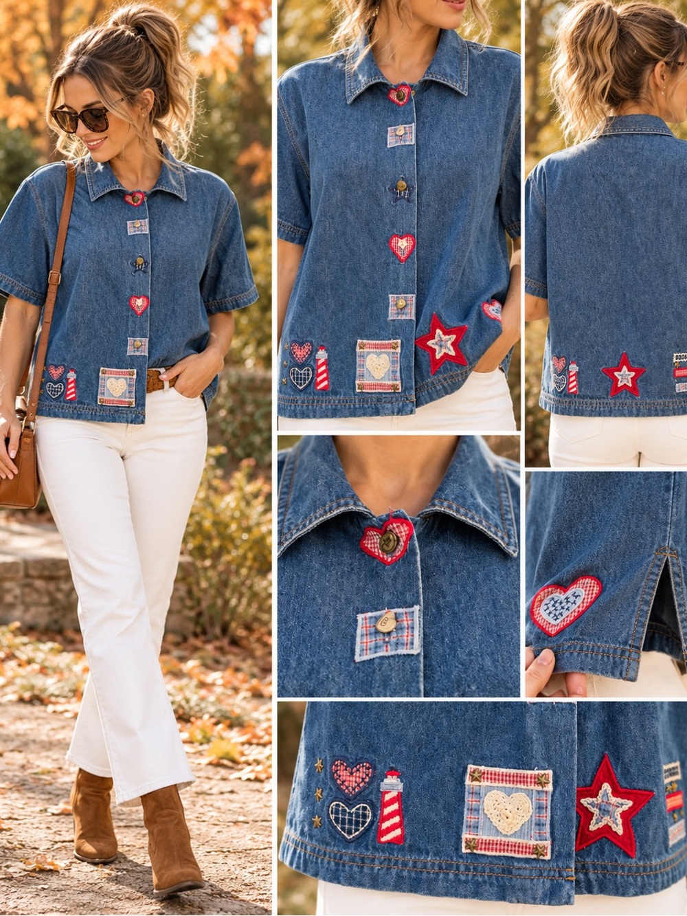 Vintage Koret City Blues Denim Blouse Americana Folk Art Appliqué Petite